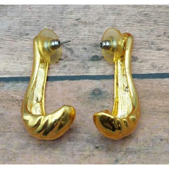 Beautiful Gold Tone Drop Earrings "J" Shaped 1.5" Pierced Elegant Career - Picture 4 of 10